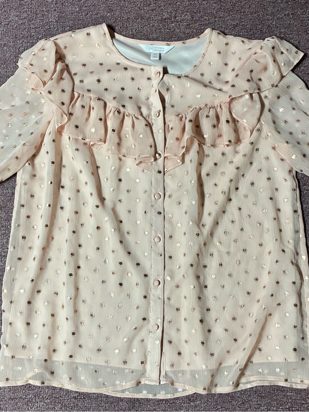 LC Lauren Conrad Blush Metallic Dot Ruffle Button-Up Blouse